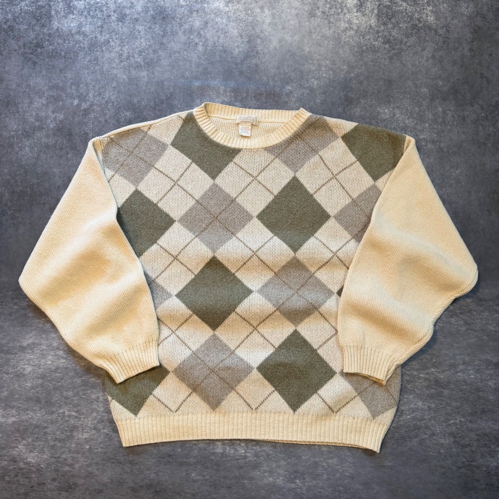 Vintage 90s Exacta Argyle Sweater Mens Large Cream Green Crewneck USA Flaw